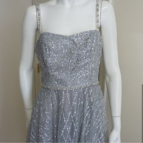 Marchesa Notte Silver Beaded Glitter Tulle Sparkling Tea Length Gown NWT - Picture 10 of 14